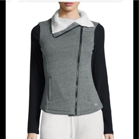 ALO Tao Asymmetric Zip Fleece Sherpa Sport Jacket Moto Cozy Yoga Stretch Zipper - Picture 1 of 12